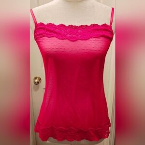 Vintage Jezebel Red Sheer Cami Top w Polkadots & Lace.